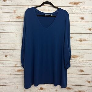 Susan Graver Blue Ruched 3/4 Sleeve V-neck Blouse